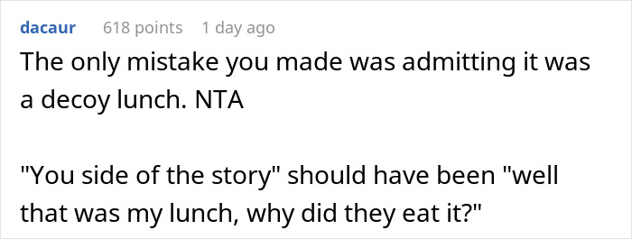 Comment discussing the use of a decoy lunch to prevent theft.