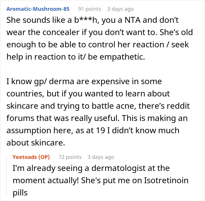 Reddit conversation about acne advice and skincare concerns.