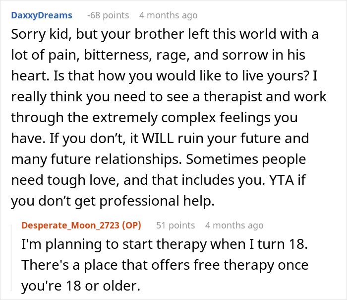 Text exchange discussing therapy for dealing with feelings after a brother's passing. Text exchange discussing therapy for dealing with feelings after a brother's passing.