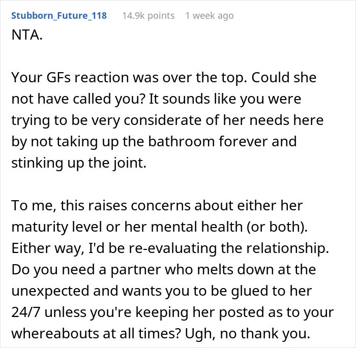 Reddit comment discussing a situation where a man sneaks out to use a lobby toilet, provoking a partner's overreaction.