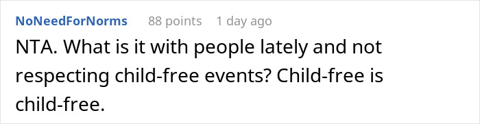 Reddit comment discussing respect for child-free events with emphasis on maintaining child-free boundaries.