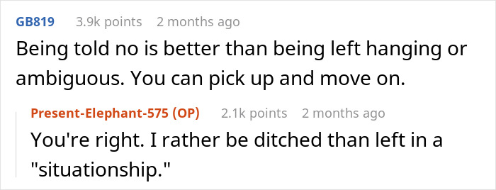 Reddit comments discussing rejection and moving on from ambiguous situations.