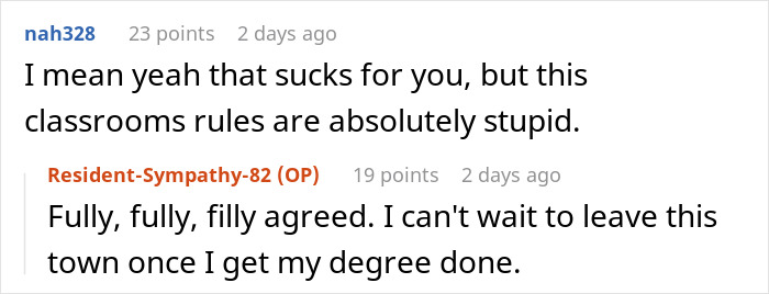 Reddit comments discussing school rules being unfair, with a user expressing agreement and desire to leave town.