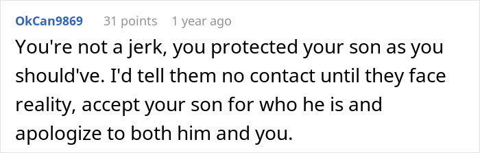 Comment supports protecting gay son from family's mistreatment.