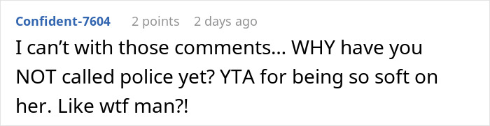 Text comment criticizing a woman for breaking into a friend's house and not facing consequences.