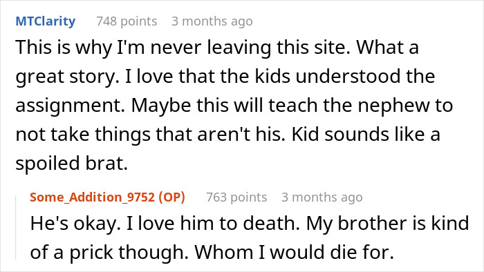 Reddit comments discussing kids looting brother's house to teach a lesson.