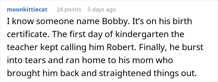 Text about a student named Bobby whose teacher called him Robert, causing distress.