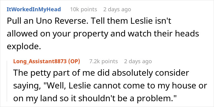 Two comments discussing a man refusing to let friends use his backyard for their wedding, referencing banning Leslie. Two comments discussing a man refusing to let friends use his backyard for their wedding, referencing banning Leslie.
