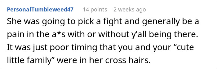 Comment about a restaurant patron upset over a family being seated first.