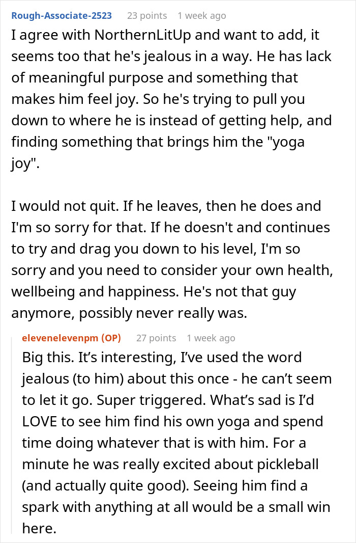 Discussion about a husband's ultimatum to his wife to quit teaching yoga for their marriage.