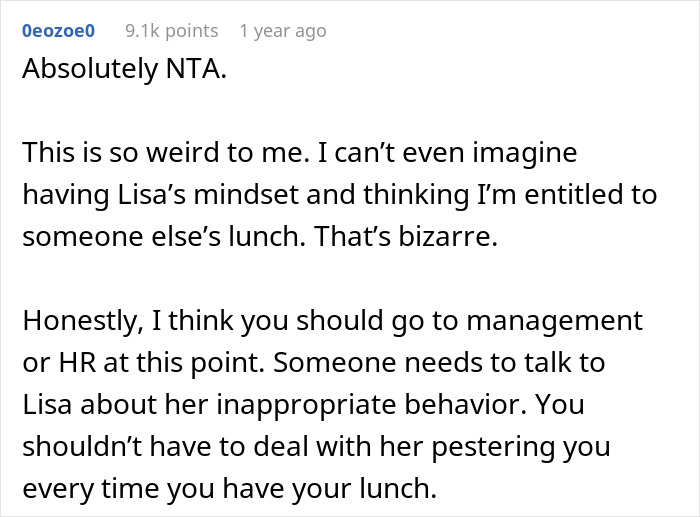 Reddit comment discussing coworker expectations about extra food and team spirit.