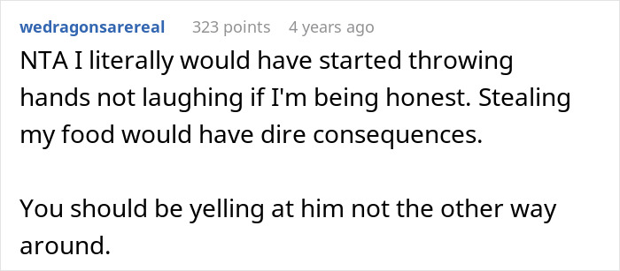 Text comment about food theft consequences from a discussion thread about mozzarella hater. Text comment about food theft consequences from a discussion thread about mozzarella hater.