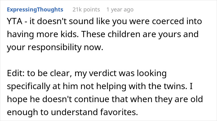 Reddit comment discussing responsibility of a dad refusing to help with newborn twins.