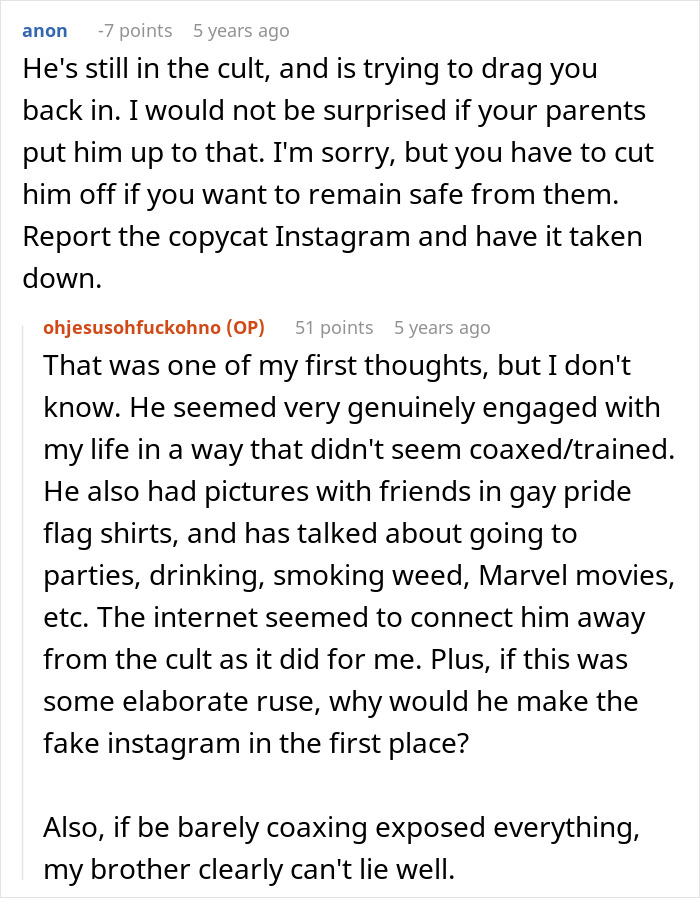 Reddit discussion involving a teen proving their brother isn't gay to religious parents using a fake account.