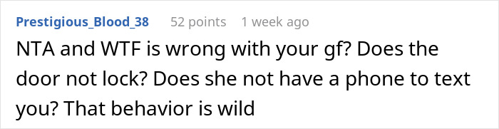 Screenshot of a Reddit comment discussing a man's behavior in asking if the girlfriend's reaction is justified.