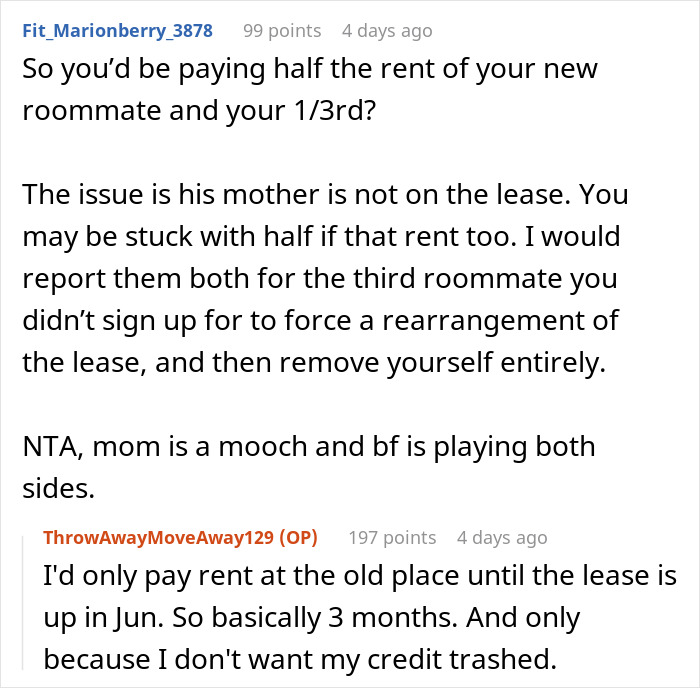 Reddit comments discussing issues with a difficult mother-in-law and a lease. Reddit comments discussing issues with a difficult mother-in-law and a lease.