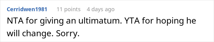 Reddit comment discussing ultimatum for job-hopper in marriage.