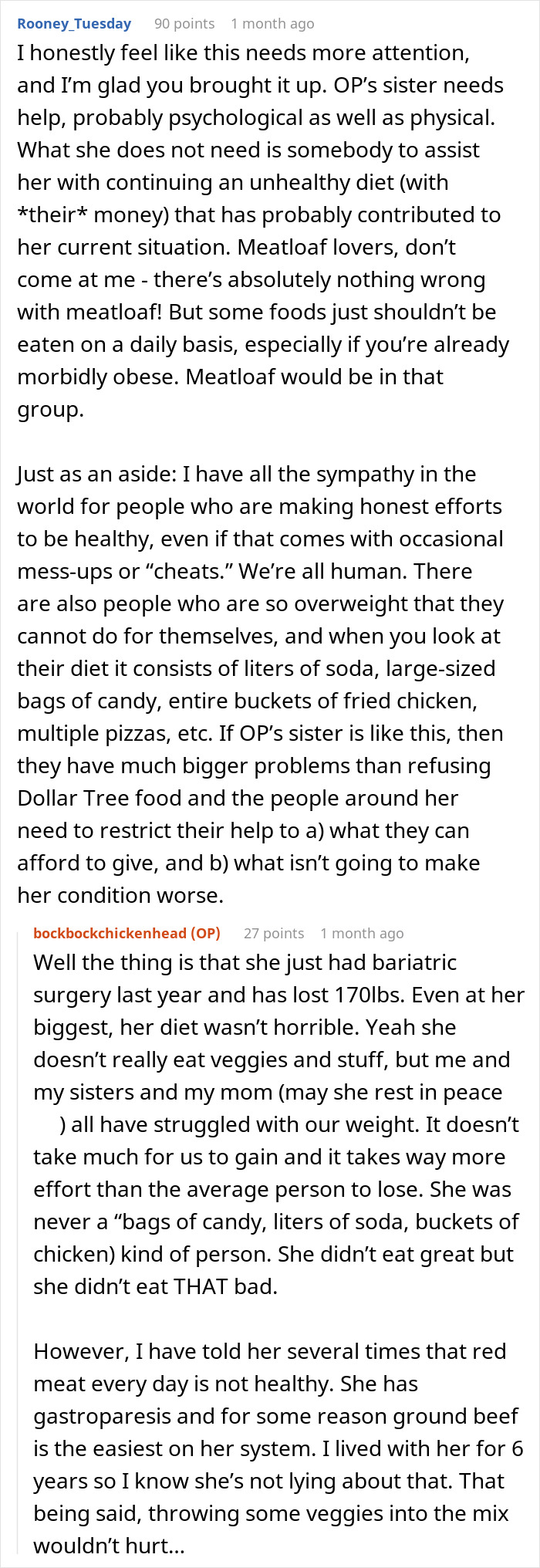 Reddit discussion on offering groceries from the Dollar Tree, focusing on dietary habits and health concerns for OP's sister.