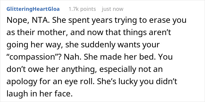 Comment addressing a stepmom's struggles to bond with kids and lack of sympathy from their mother. Comment addressing a stepmom's struggles to bond with kids and lack of sympathy from their mother.