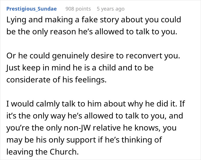 Reddit comment discussing fake account creation for religious acceptance of brother's identity.