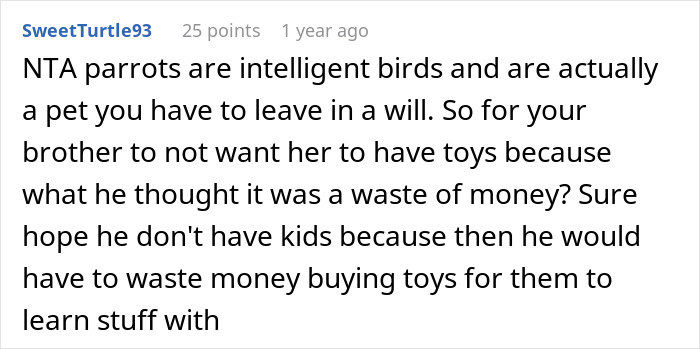 Comment discussing parrots as intelligent pets with mention of toys and financial responsibility.