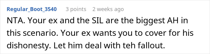 Comment discussing truth about breakup, mentioning ex's dishonesty.