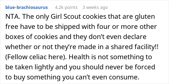 Comment discussing gluten-free Girl Scout cookies and issues with shared facilities. Comment discussing gluten-free Girl Scout cookies and issues with shared facilities.