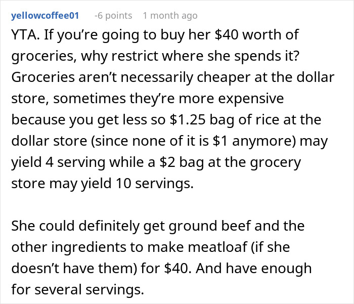 Text discussing the cost and serving size comparison of groceries between the dollar store and regular grocery stores.