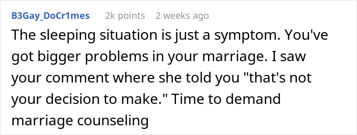 Comment discussing marriage issues and the need for counseling after a pillow incident in the bedroom.