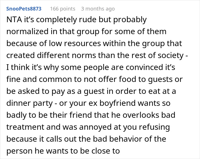 Text screenshot discussing social norms and guest treatment related to friends eating and leaving leftovers.
