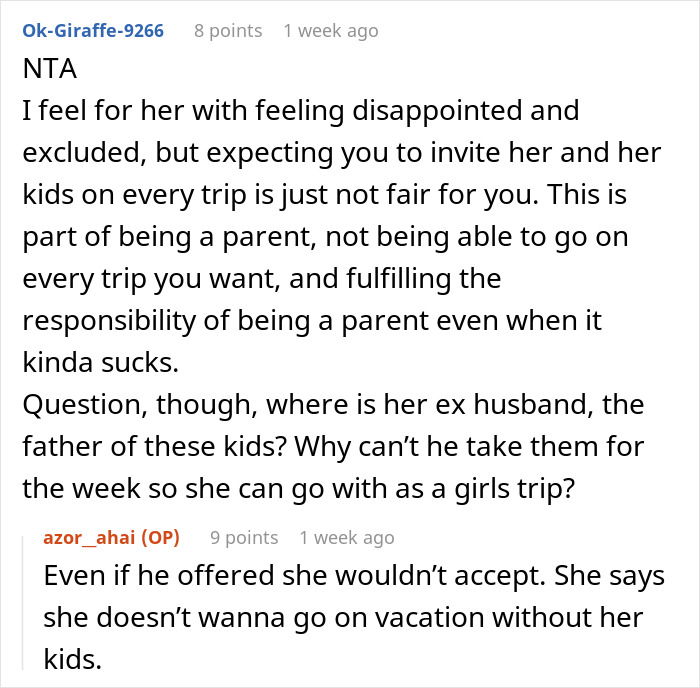 Reddit thread discussing single mom's challenge with child-free vacation plans.