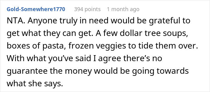 Screenshot of a Reddit comment discussing groceries from Dollar Tree.