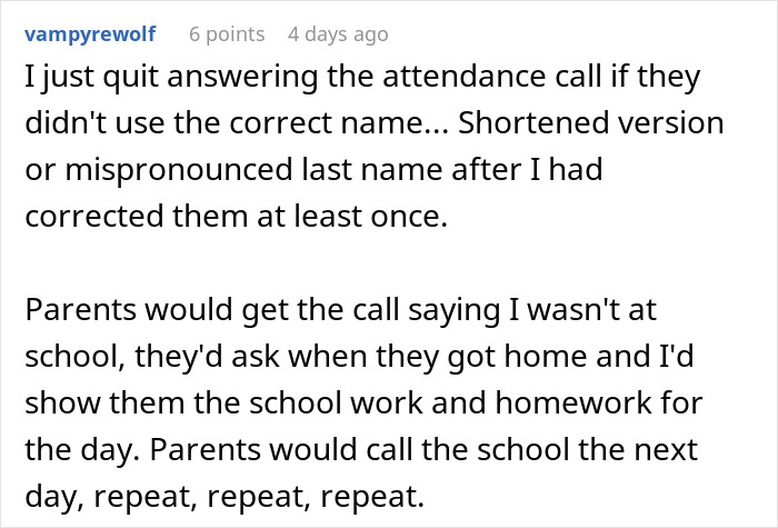 Text screenshot of a student explaining a clever revenge on a teacher who mispronounced their name.