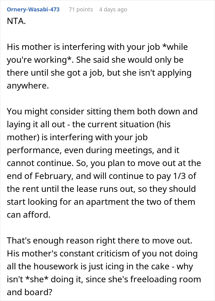 Text response advising a woman to move out due to MIL's interference and criticism. Text response advising a woman to move out due to MIL's interference and criticism.