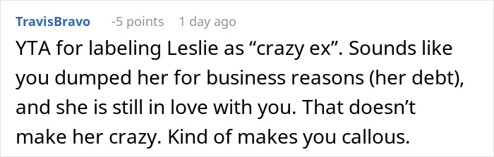 Online comment discussing a breakup and labeling someone as a "crazy ex. Online comment discussing a breakup and labeling someone as a "crazy ex.