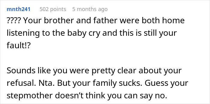 Reddit comment discussing the issue of a 16-year-old not babysitting while family members were home.