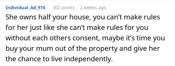 Reddit comment discussing house ownership and living independently with allergic son facing mom's insistence on having cats.