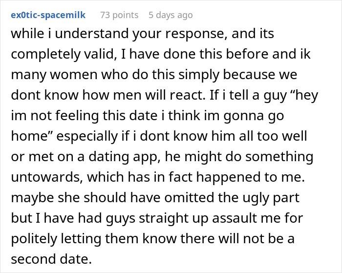 Text discussing reasons for not expressing dislike during a date due to fear of reaction.