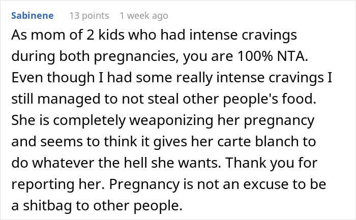 Comment about a pregnant coworker's cravings and behavior regarding food. Comment about a pregnant coworker's cravings and behavior regarding food.