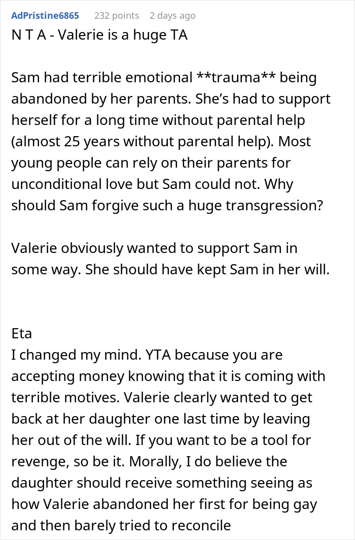 Reddit comment discussing inheritance and morality regarding a friend's daughter's entitlement.