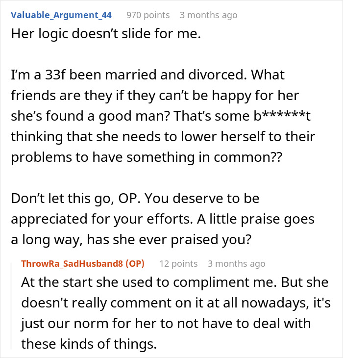 Text exchange discussing husband being "unhelpful," with users commenting on appreciation and relationship dynamics.