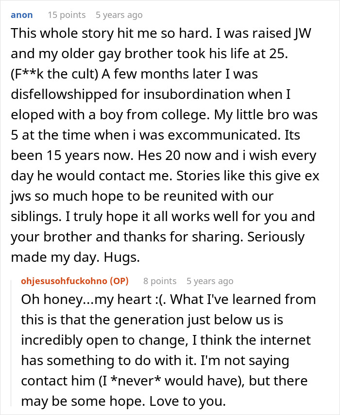 Reddit comments discussing religious parents and a sibling's sexuality.