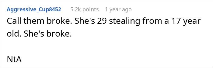 Reddit comment discussing a 29-year-old stealing skincare from a teen.