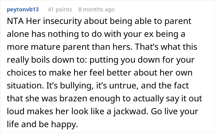 Text comment discussing insecurity and bullying related to parenting skills. Text comment discussing insecurity and bullying related to parenting skills.