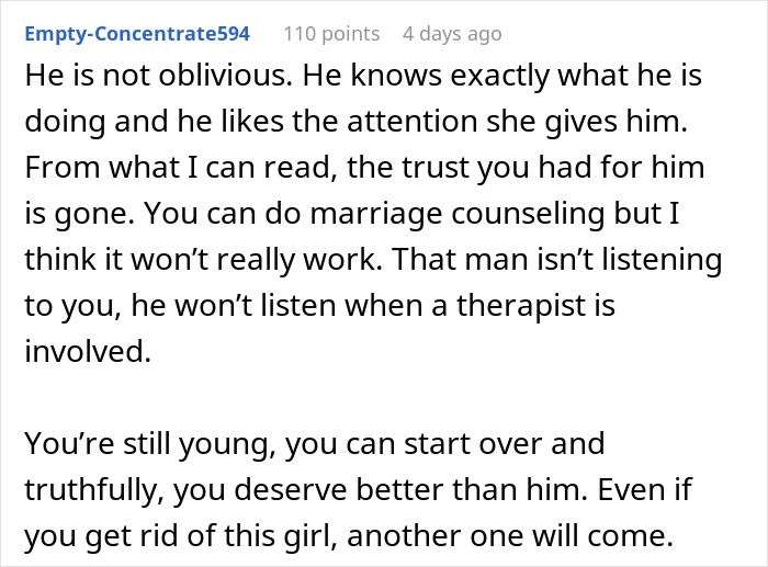 Comment discusses relationship issues involving a work wife, trust, and marriage advice.