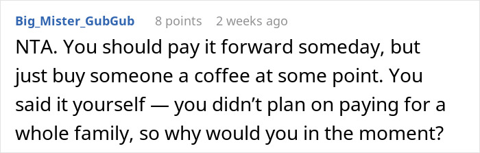 Reddit post discussing paying it forward, suggesting buying a coffee instead of paying for a whole family.