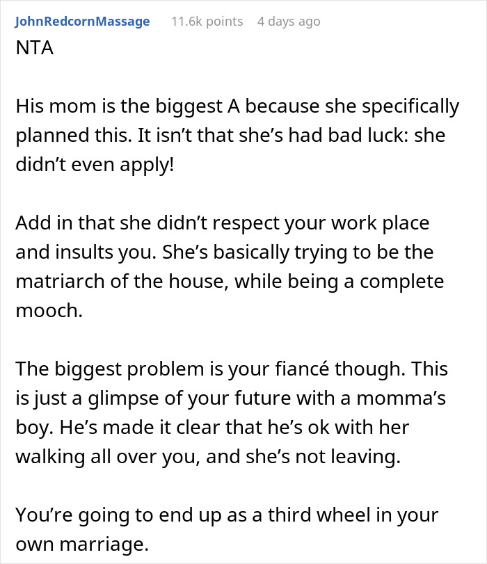 Reddit post discussing a difficult mother-in-law situation causing distress in a woman's apartment living. Reddit post discussing a difficult mother-in-law situation causing distress in a woman's apartment living.
