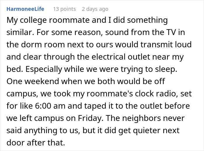Text about college roommates using a clock radio to quiet their noisy neighbors.