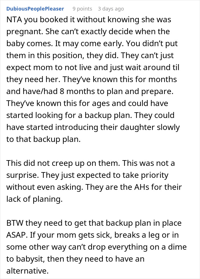 Text post discussing a mom's decision not to cancel a cruise despite the possibility of an early birth.