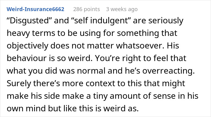 Text comment on using "self-indulgent" over headphones at gym, describing behavior as weird and overreacting.